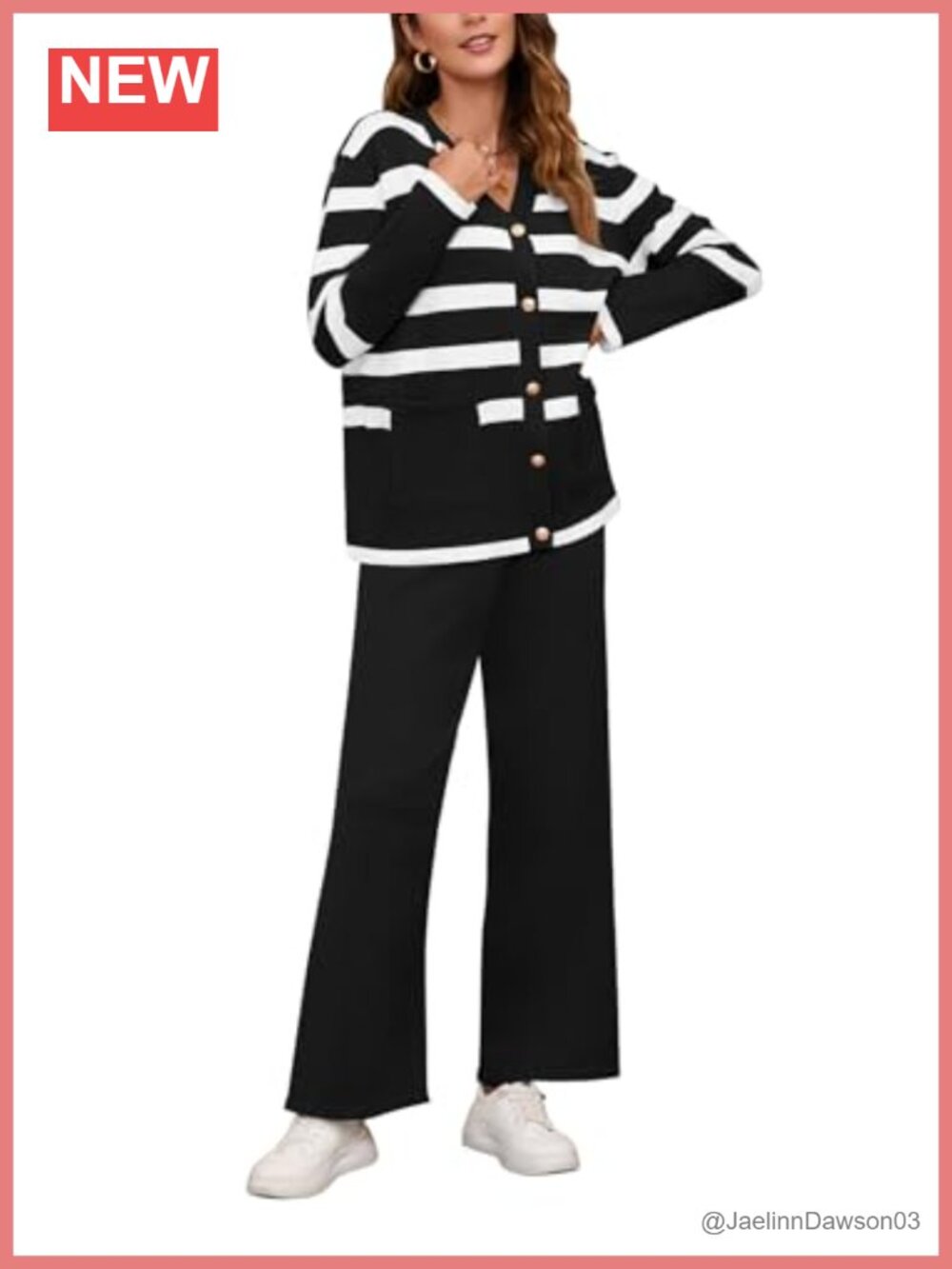 2 Piece Striped Sweatsuit Set Button Cardigan & Wide Leg Pants Lounge Set